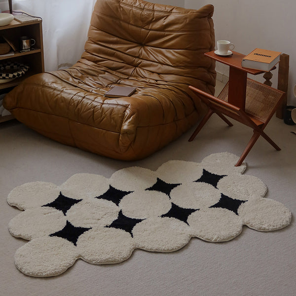 Tapis Touffeté Rond Pois Noirs Blanc Cassé Nordique Luxe Salon