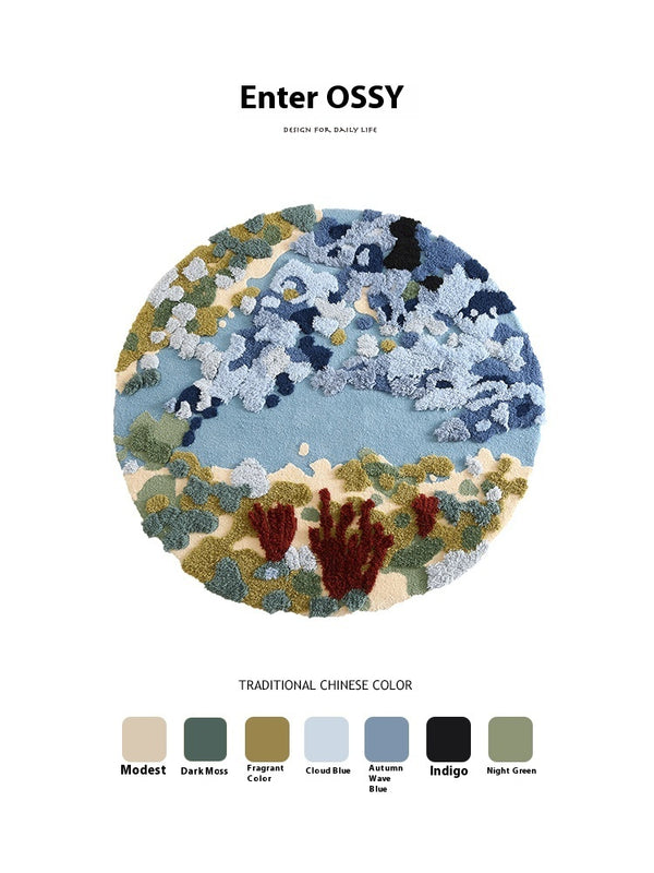 Tapis Rond Laine Artisanal Motif Floral Bleu Océan – Salon & Chambre