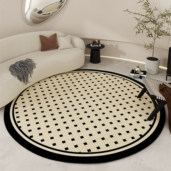 Tapis Rond Géométrique Noir & Crème Style Français – Salon & Chambre