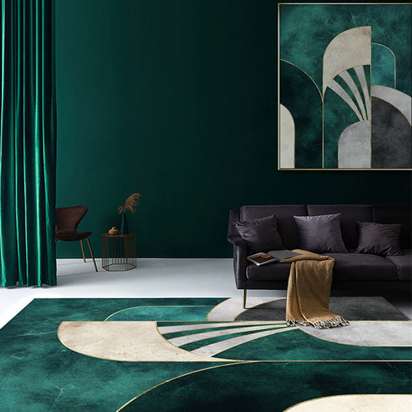 Tapis Géométrique Luxe – Motif Émeraude & Or Abstrait | Salon Chambre