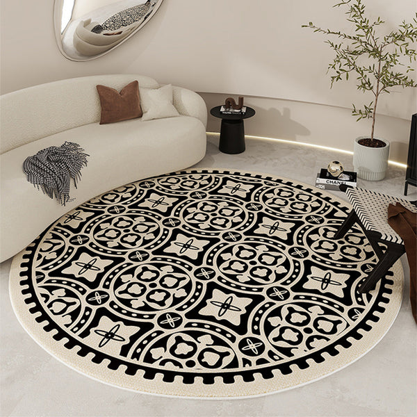 Tapis Rond Géométrique Noir & Crème Style Français – Salon & Chambre