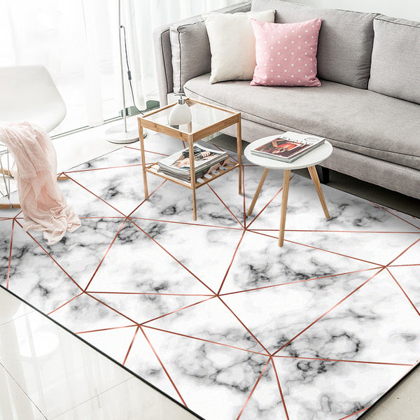 Tapis Marbre Lignes Géométriques Dorées Blanc Salon Moderne