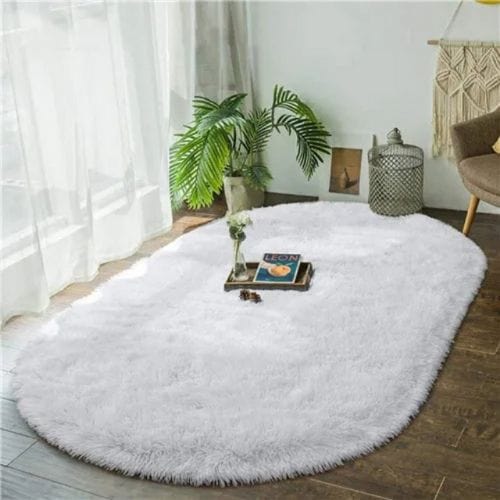 Tapis de Chambre | Shaggy Uni Moderne Luxe Poil Long - Tapinna® Blanc / Ovale / 40x60cm