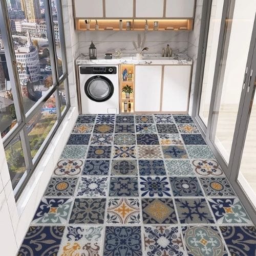 Tapis de Cuisine | Moderne Vintage Imprimé Carrelage - Tapinna® Bleu / Rectangulaire / 50x80cm