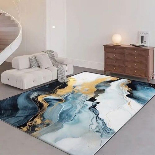 Tapis de Salon | Kilim Moderne Luxe Design Marbre - Tapinna® Doré Bleu / Rectangulaire / 60x90cm (Paillasson)