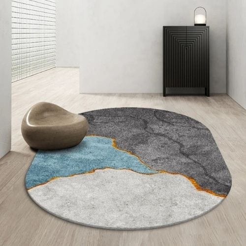 Tapis de Salon | Kilim Scandinave Abstrait Marbre - Tapinna® Doré Coloré / Ovale / 60x90cm (Paillasson)