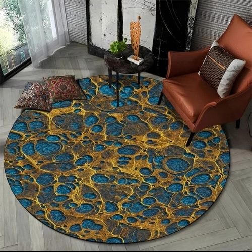 Tapis de Salon | Moderne 3D Luxe Abstrait Marbre - Tapinna® Doré Bleu / Rond / Diamètre 60cm