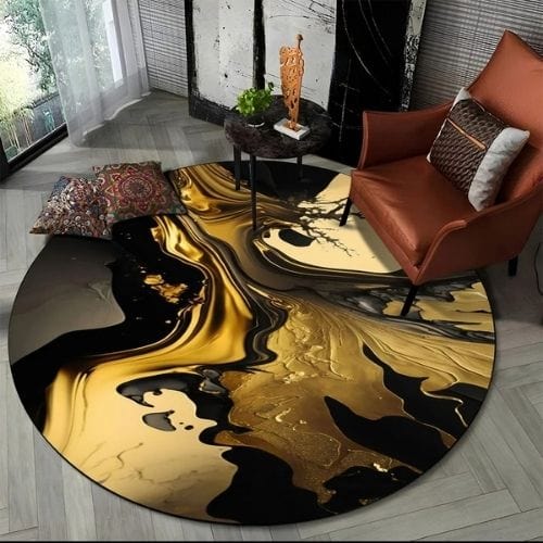 Tapis de Salon | Moderne 3D Luxe Abstrait Marbre - Tapinna® Doré Noir / Rond / Diamètre 60cm