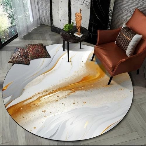 Tapis de Salon | Moderne 3D Luxe Abstrait Marbre - Tapinna® Doré Orange / Rond / Diamètre 60cm