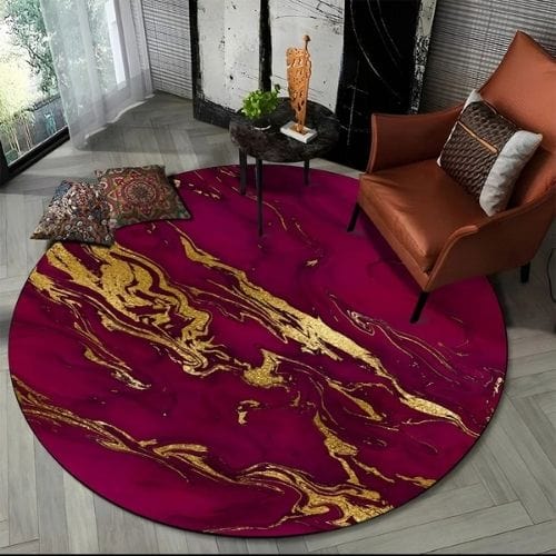 Tapis de Salon | Moderne 3D Luxe Abstrait Marbre - Tapinna® Doré Rouge / Rond / Diamètre 60cm