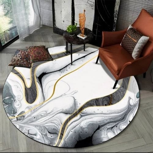 Tapis de Salon | Moderne Scandinave Abstrait Marbre - Tapinna® Doré Blanc / Rond / Diamètre 60cm (23 Pouces)