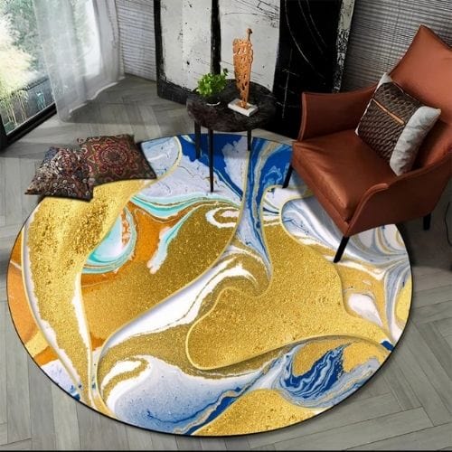 Tapis de Salon | Moderne Scandinave Abstrait Marbre - Tapinna® Doré Bleu / Rond / Diamètre 60cm (23 Pouces)