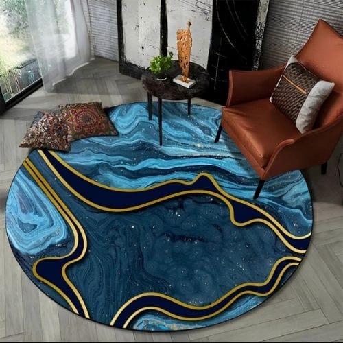 Tapis de Salon | Moderne Scandinave Abstrait Marbre - Tapinna® Doré Bleu / Rond / Diamètre 60cm (23 Pouces)