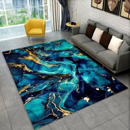Tapis de Salon | Scandinave Moderne Européen Marbre - Tapinna® Doré Bleu / Rectangulaire / 40x60cm (15x23 Pouces)