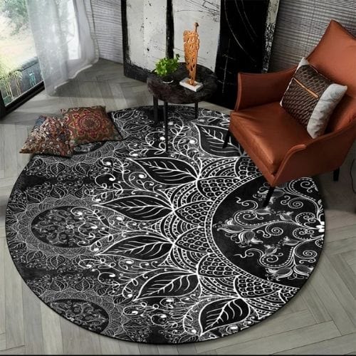 Tapis de Sol | Bohème Moderne Méditation 3D Mandala - Tapinna® Noir et Blanc / Rond / Diamètre 60cm