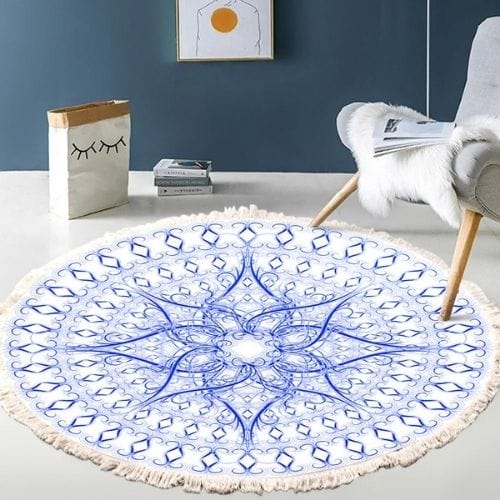Tapis de Sol | Moderne Bohème Oriental Tressé Mandala - Tapinna® Bleu / Rond / Diamètre 60cm