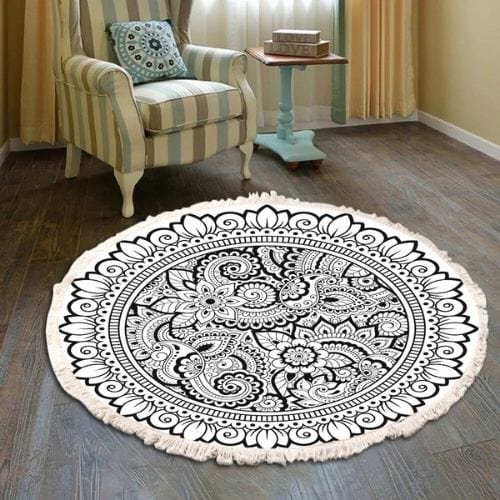 Tapis de Sol | Moderne Bohème Oriental Tressé Mandala - Tapinna® Noir et Blanc / Rond / Diamètre 60cm