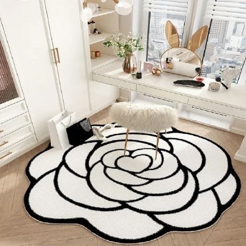 Tapis de Sol | Moderne Forme Fleur Crème Française - Tapinna® Crème Noir et Blanc / Fleur / 80x80cm