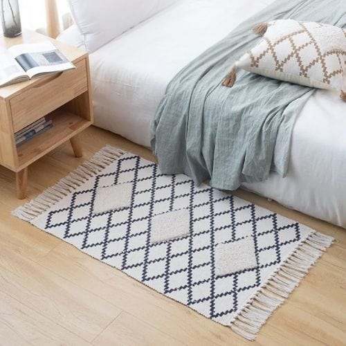 Tapis de Sol | Scandinave Oriental Bohème Berbère - Tapinna® Bleu / Rectangulaire / 60x90cm 20cm Pompom