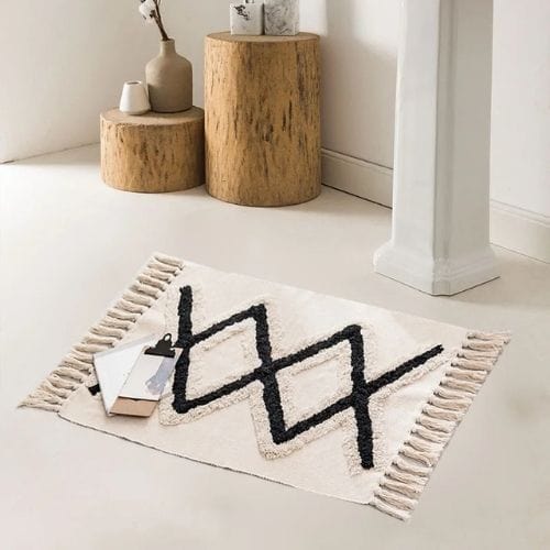 Tapis de Sol | Scandinave Oriental Bohème Berbère - Tapinna® Noir et Blanc / Rectangulaire / 60x90cm 20cm Pompom