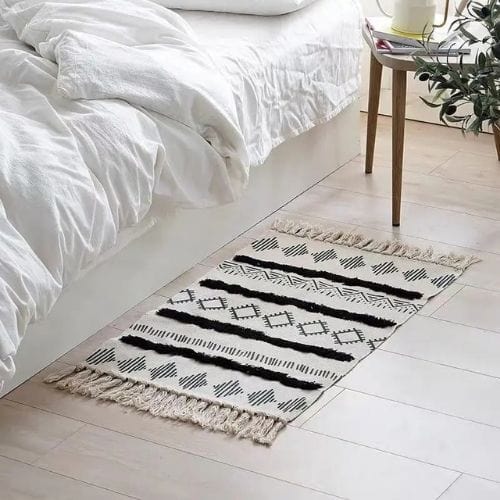 Tapis de Sol | Scandinave Oriental Bohème Berbère - Tapinna® Noir et Blanc / Rectangulaire / 60x90cm 20cm Pompom