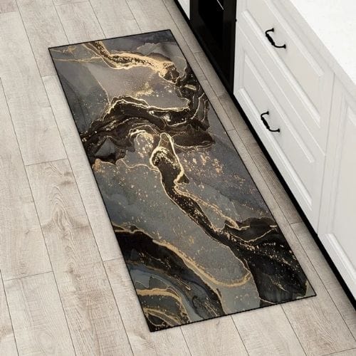 Tapis Salle à Manger | Luxe Motif Encre Marbre - Tapinna® Doré Gris / Rectangulaire / 40x60cm (16x24 Pouces)
