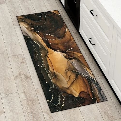 Tapis Salle à Manger | Luxe Motif Encre Marbre - Tapinna® Doré Marron / Rectangulaire / 40x60cm (16x24 Pouces)