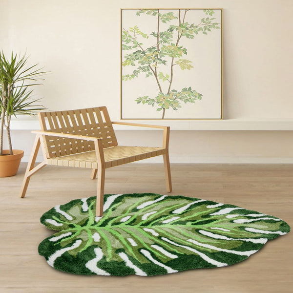 Tapis Forme Feuille Monstera Tropical Vert – Salon & Chambre