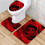 Set 3 Pièces Salle de Bain Motif Rose Rouge – Tapis WC & Bain 1