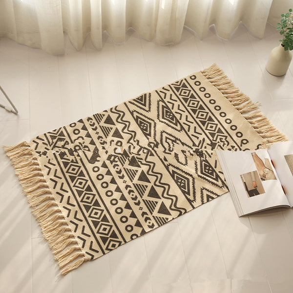 Tapis Rectangulaire Coton Tissé Motif Kilim Franges – Entrée & Salon