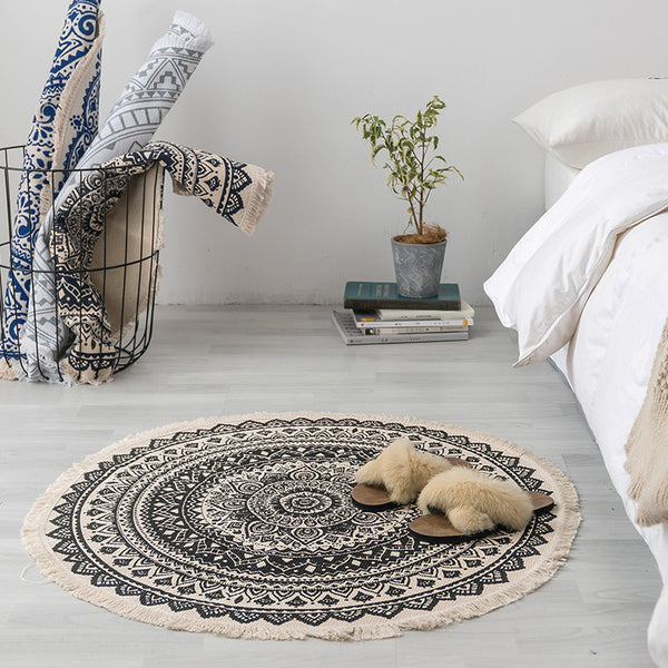 Tapis Rond Mandala Ethnique Coton & Lin Franges – Bohème
