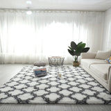 Tapis Shaggy Poil Long Motif Lanterne Chinoise Blanc Gris Salon 6