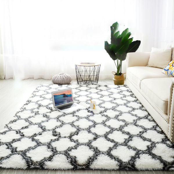 Tapis Shaggy Poil Long Motif Lanterne Chinoise Blanc Gris Salon