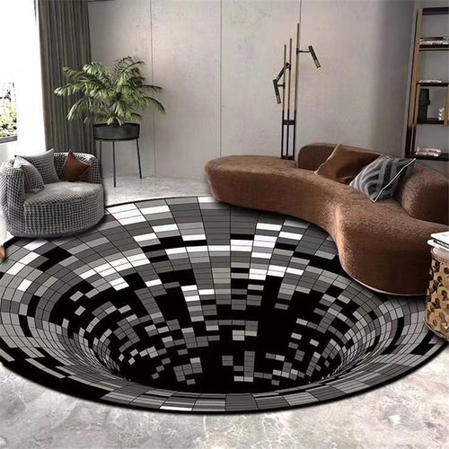 Tapis Rond Soie Mûrier Illusion 3D Vortex Optique – Salon & Chambre