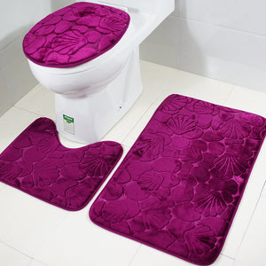 Set 3 Pièces Salle de Bain Velours Relief Floral – Tapis WC & Bain