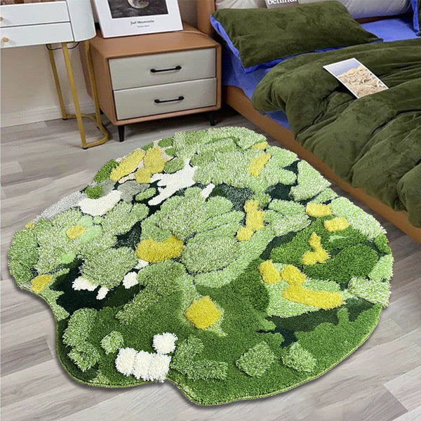Tapis Irrégulier Gazon Mousse Vert Fleurs Naturel Salon
