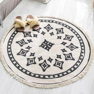 Tapis Rond Coton & Lin Géométrique Nordique – Noir & Blanc – Franges