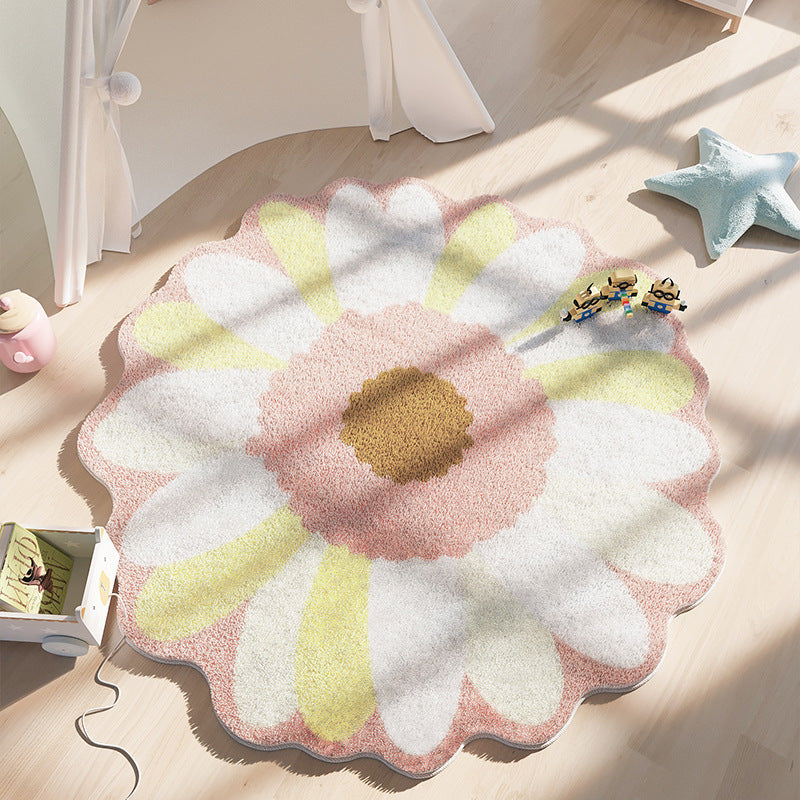 Tapis Rond Marguerite – Motif Fleur Douce Rose & Blanc | Chambre Enfant Salon — Tapinna®