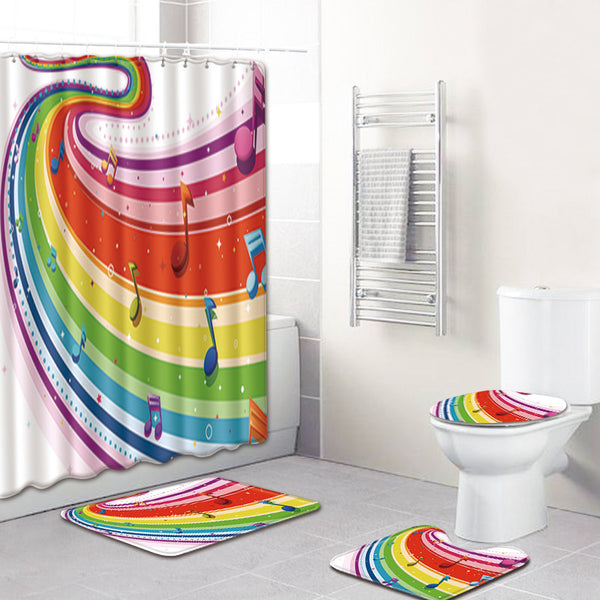 Set 4 Pièces Salle de Bain – Rideau de Douche & Tapis Coloré | Musique & Pop Art