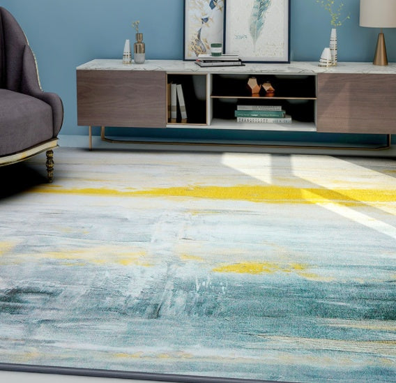 Tapis Salon Luxe Impression Peinture Abstraite Bleu Océan & Or – Grand Format