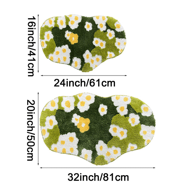 Tapis Irrégulier Pelouse Marguerites Vertes Floqué Salle de Bain
