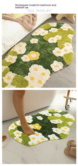 Tapis Irrégulier Pelouse Marguerites Vertes Floqué Salle de Bain 3