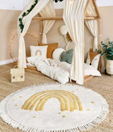 Tapis Rond Enfant Arc-en-Ciel Brodé – Beige & Crème – Franges Coton 3