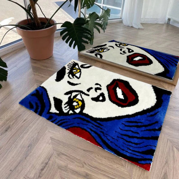 Tapis Tufté Pop Art Visage Femme – Bleu & Rouge – Salon Design