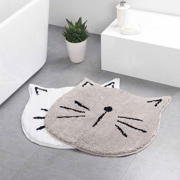 Tapis Forme Chat Touffeté Salle de Bain – Blanc et Gris