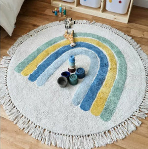 Tapis Rond Enfant Arc-en-Ciel Brodé – Beige & Crème – Franges Coton