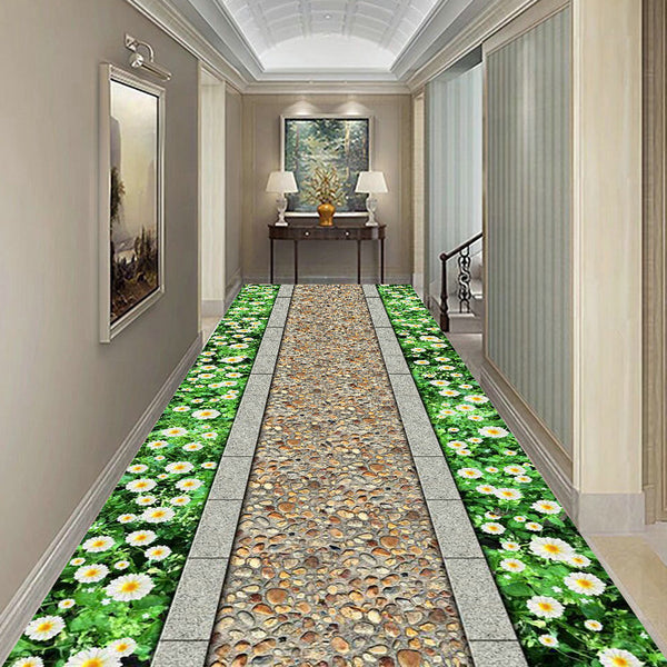 Tapis Runner Long Couloir Fleurs – Vert & Blanc – Découpable au Mètre