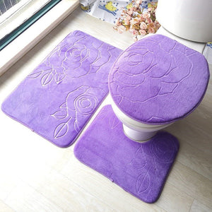 Set 3 Pièces Salle de Bain Velours Motif Floral Relief – WC & Bain