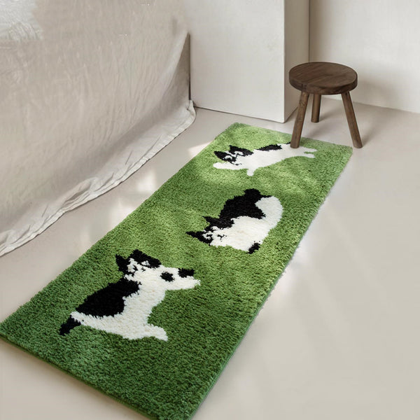 Tapis Couloir Vert Gazon Chats Cartoon en Relief – Chambre Enfant