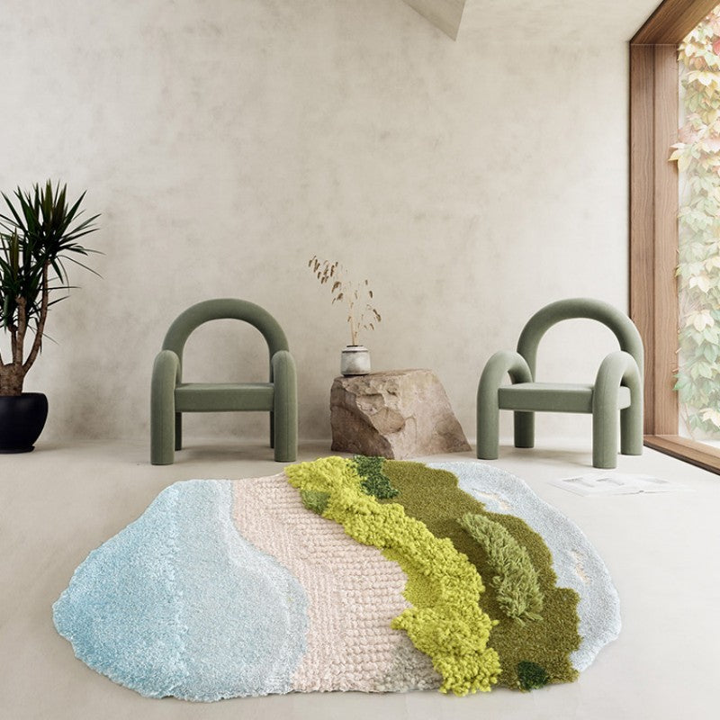 Tapis Forme Irrégulière Laine Tufté Vert & Beige – Salon & Table Basse — Tapinna®